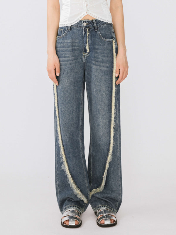 Cubic Straight Leg Distressed Detailed Jeans Blue
