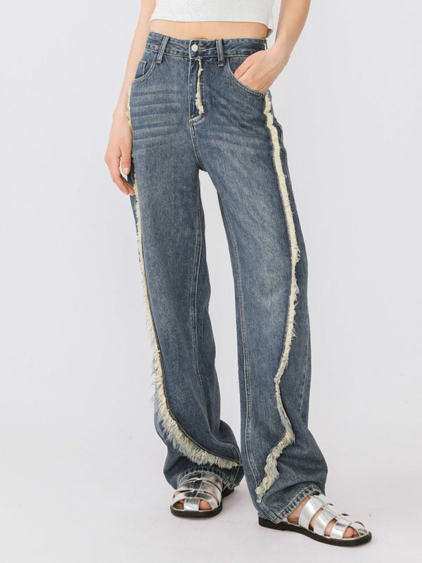cubic Straight Leg Distressed Detailed Jeans Blue