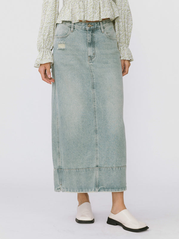 Cubic Straight Leg Washed Denim Skirt Blue
