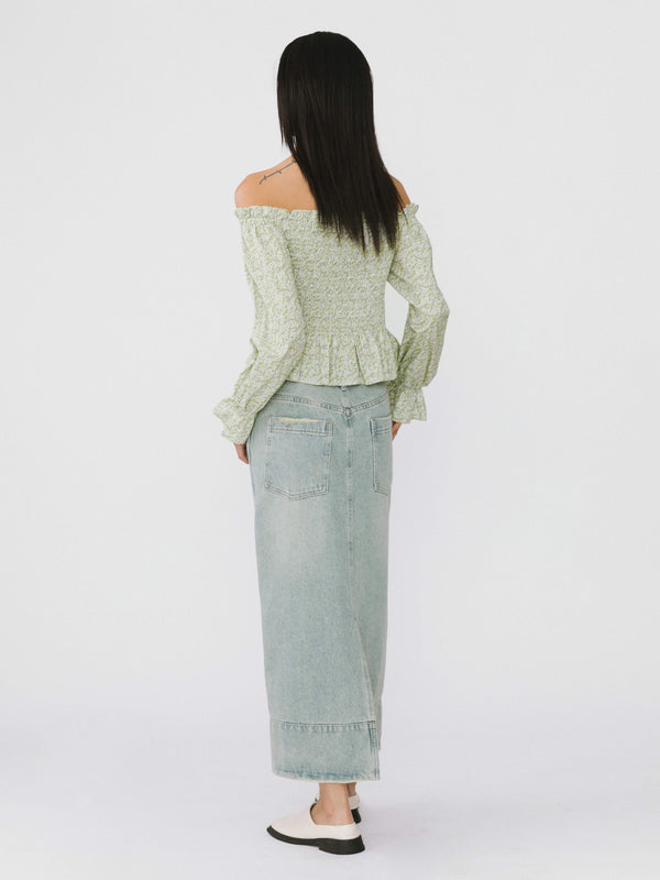 Cubic Straight Leg Washed Denim Skirt Blue