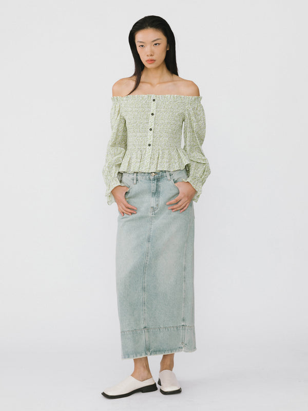 Cubic Straight Leg Washed Denim Skirt Blue