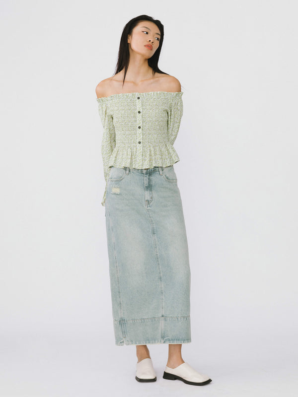 cubic Straight Leg Washed Denim Skirt Blue