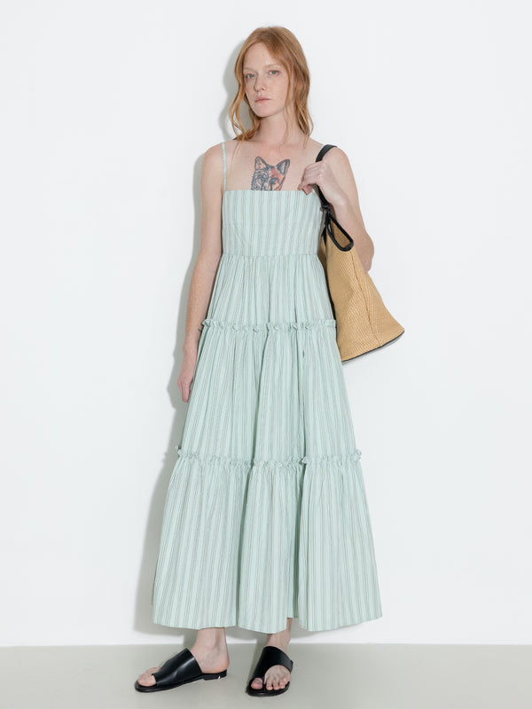 Cubic Strap Striped Cake Dress White