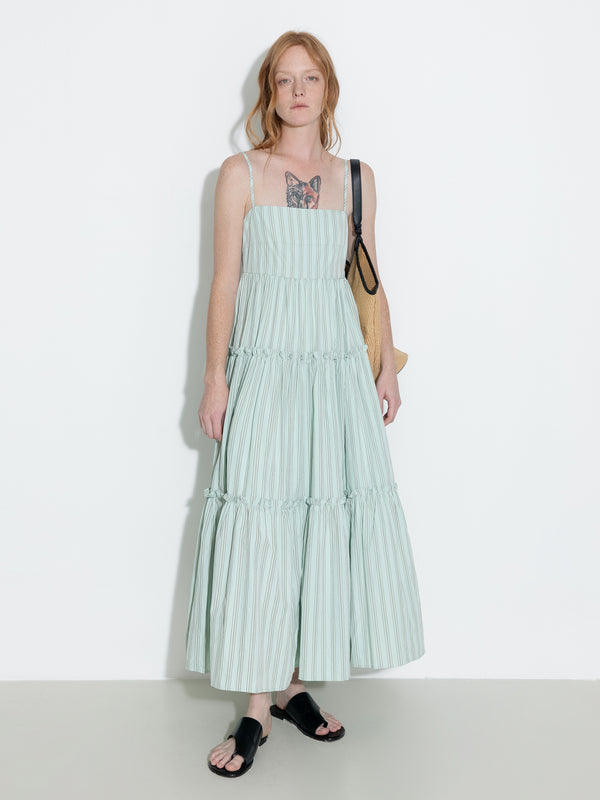 cubic Strap Striped Cake Dress White