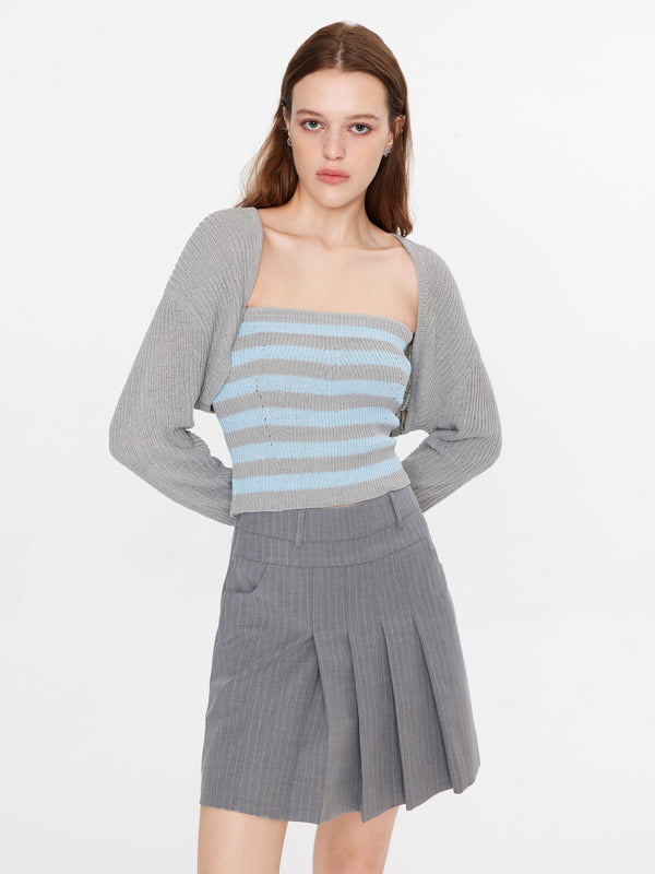 cubic Strapless Striped Knit Top Gray