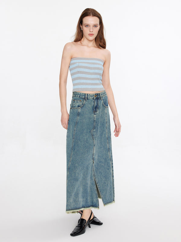 Cubic Strapless Striped Knit Top Gray