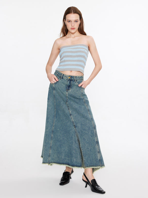 Cubic Strapless Striped Knit Top Gray