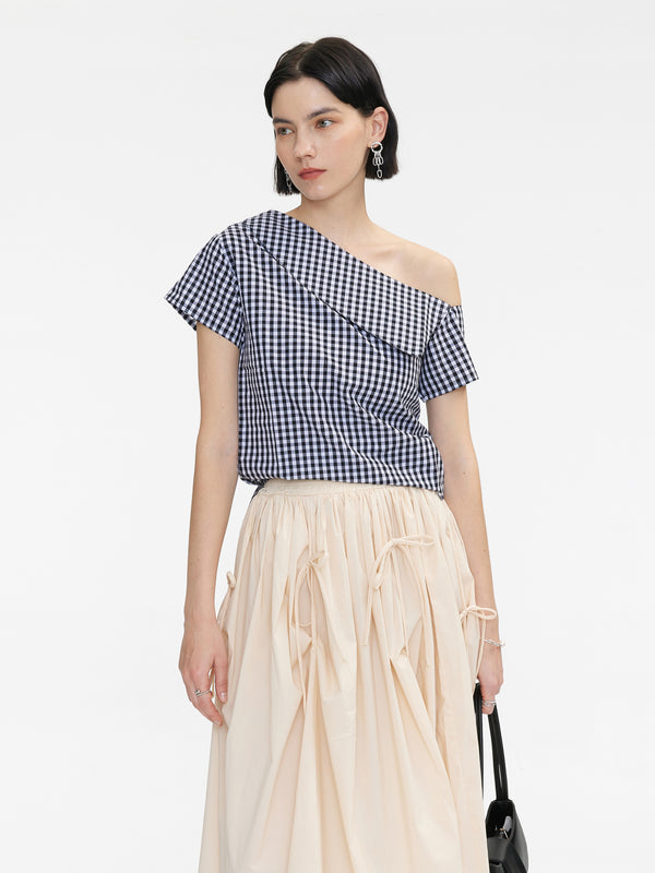 Cubic Striped Asymmetric Off-Shoulder Top Black