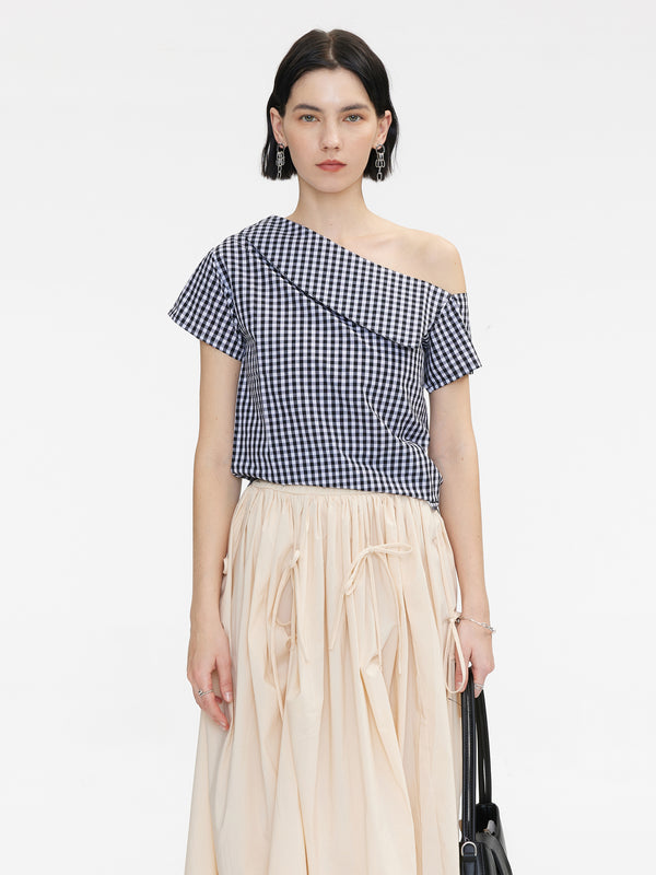cubic Striped Asymmetric Off-Shoulder Top Black