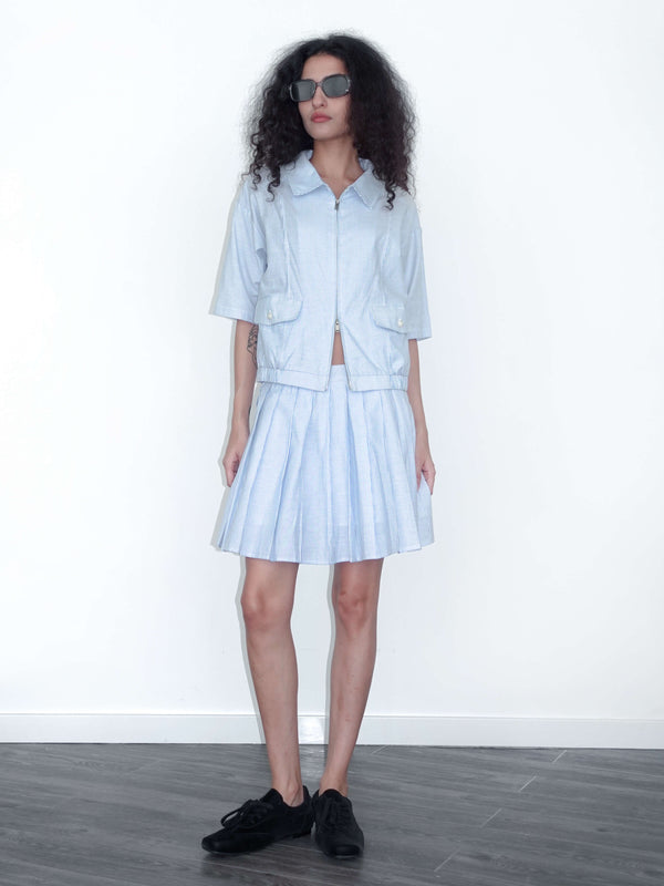 Cubic Striped Casual T-shirt And Skirt Suit Blue