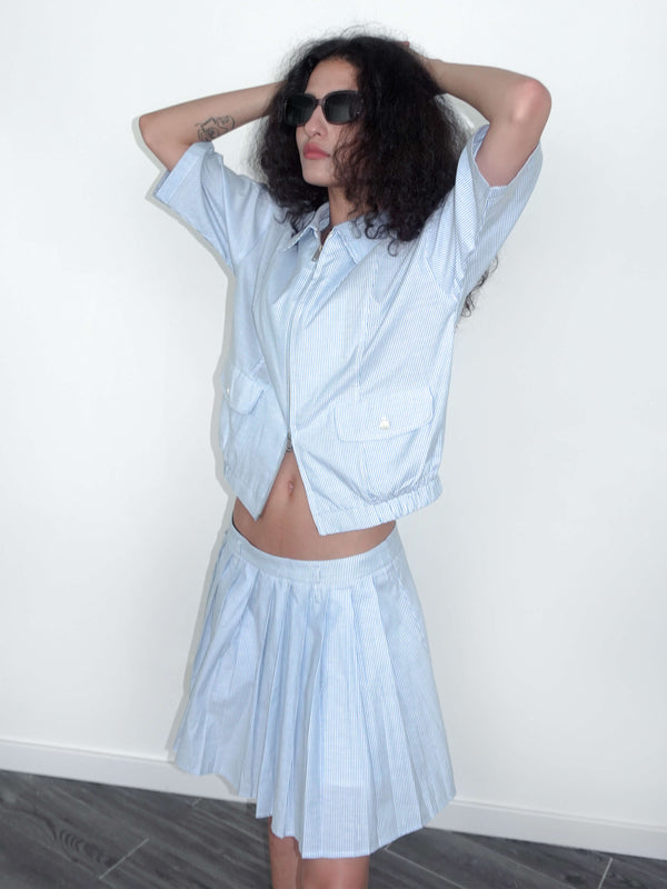 Cubic Striped Casual T-shirt And Skirt Suit Blue