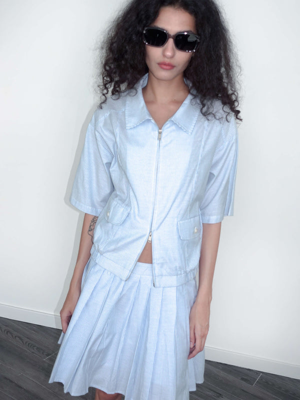 cubic Striped Casual T-shirt and Skirt Suit Blue