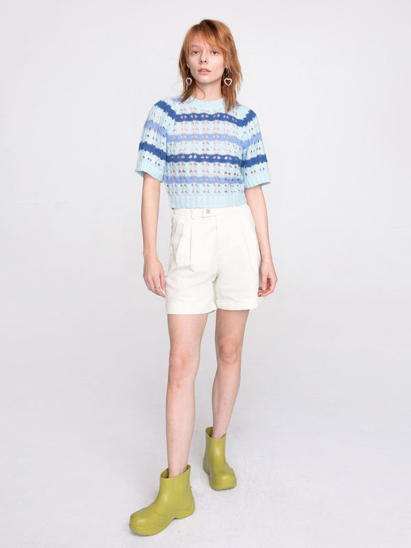 Cubic Striped Cropped Knit T-shirt Pink