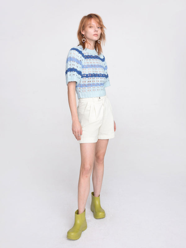 Cubic Striped Cropped Knit T-shirt Pink