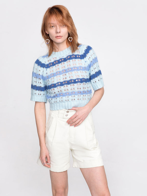 cubic Striped Cropped Knit T-shirt Pink