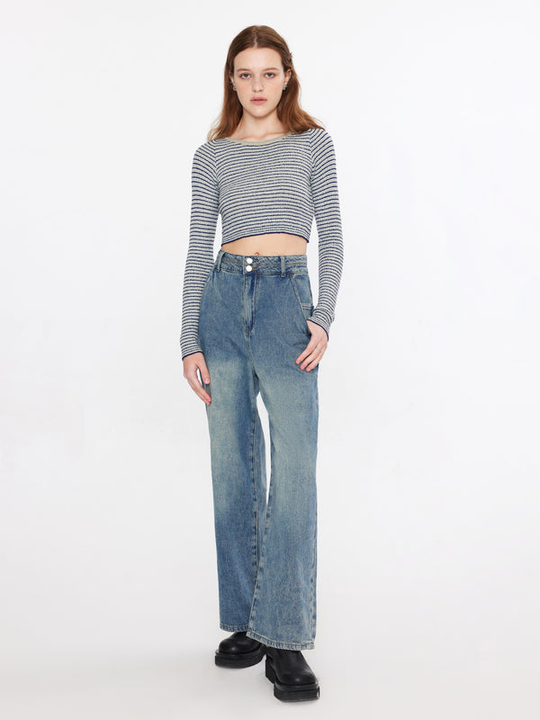 Cubic Striped Fitted Long Sleeve Top Crimson