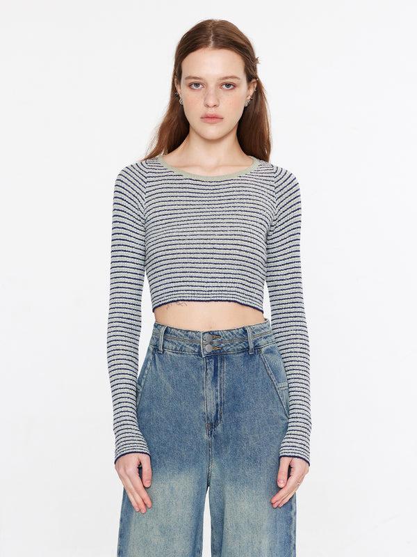 cubic Striped Fitted Long Sleeve Top Crimson