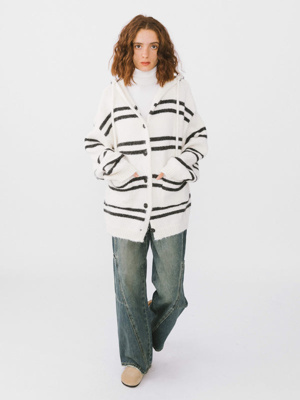 Cubic Striped Hooded Cardigan White