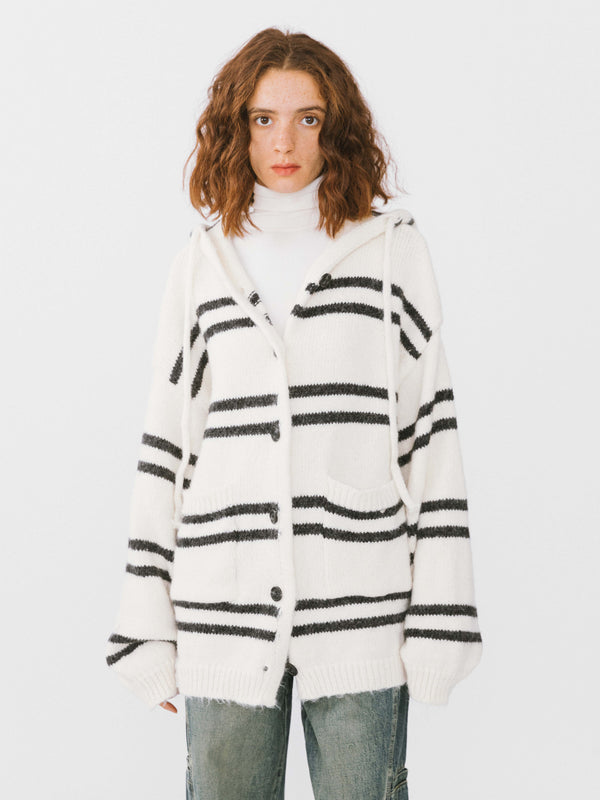 cubic Striped Hooded Cardigan White