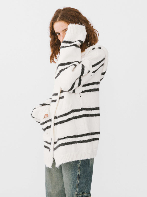 Cubic Striped Hooded Cardigan White