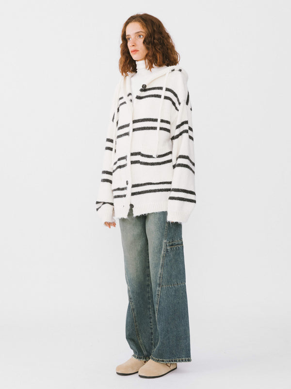 Cubic Striped Hooded Cardigan White