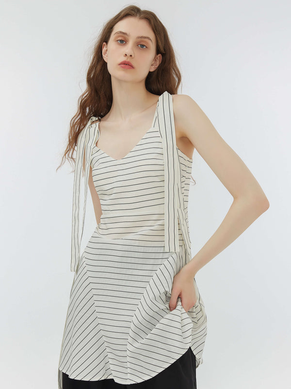 Cubic Striped Lace-Up Straps Draped Dress White