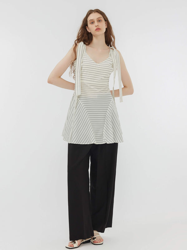 Cubic Striped Lace-Up Straps Draped Dress White