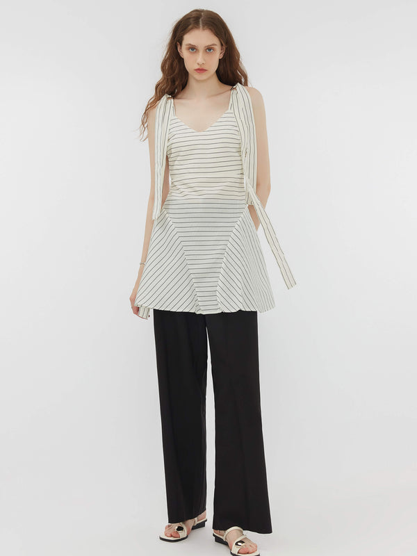 Cubic Striped Lace-Up Straps Draped Dress White