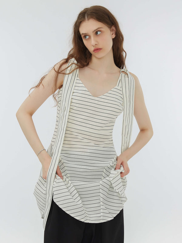 cubic Striped Lace-Up Straps Draped Dress White