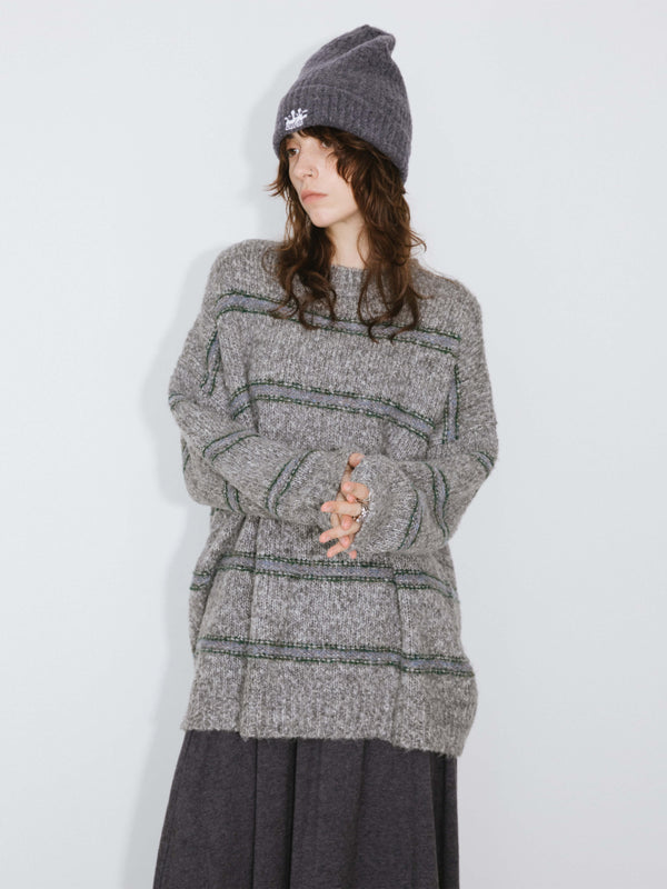 Cubic Striped Long Oversized Sweater Gray