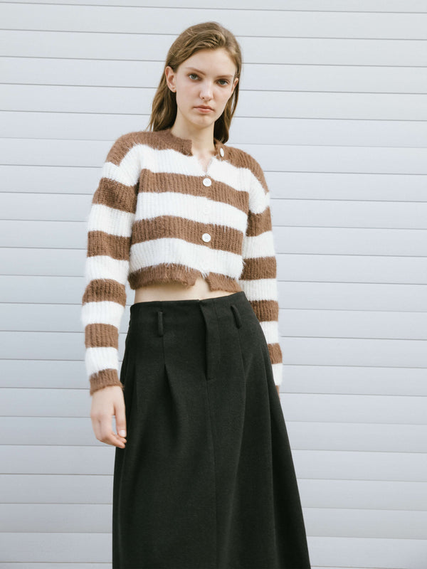 Cubic Striped Mock Neck Fluffy Cardigan Navy