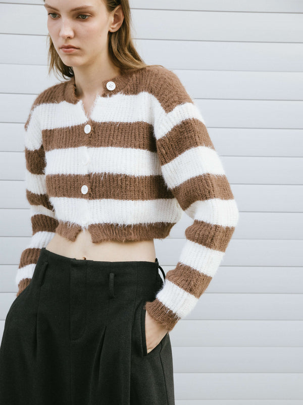 Cubic Striped Mock Neck Fluffy Cardigan Navy