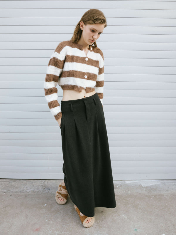 Cubic Striped Mock Neck Fluffy Cardigan Navy