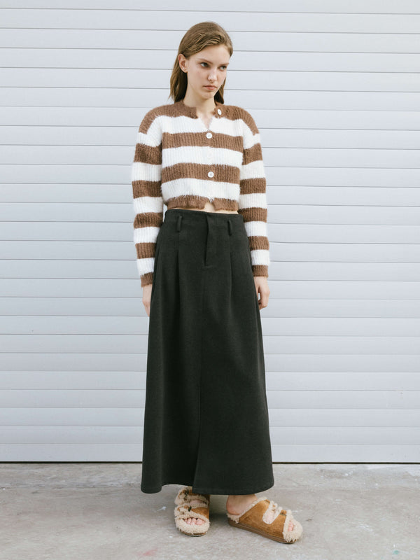 cubic Striped Mock Neck Fluffy Cardigan Navy