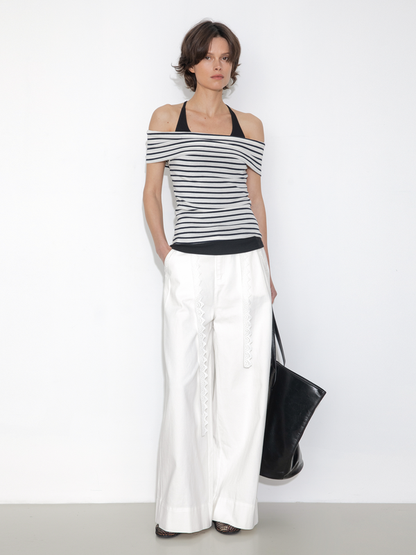 Cubic Striped Off-Shoulder Short-Sleeve Top Red