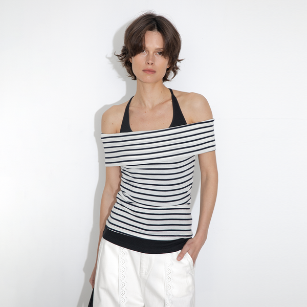 Cubic Striped Off-Shoulder Short-Sleeve Top Red