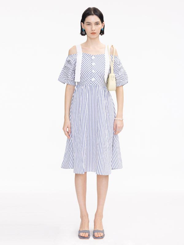 Cubic Striped Off-Shoulder Sling Dress Navy