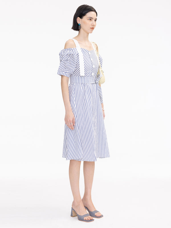 Cubic Striped Off-Shoulder Sling Dress Navy