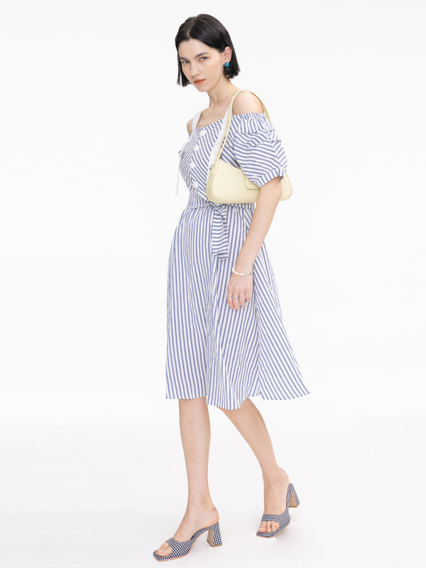 Cubic Striped Off-Shoulder Sling Dress Navy