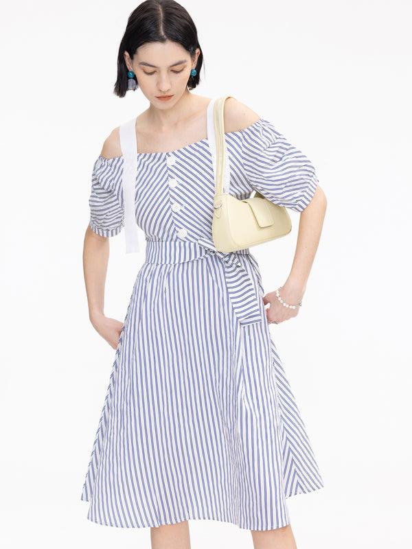 cubic Striped Off-Shoulder Sling Dress Navy