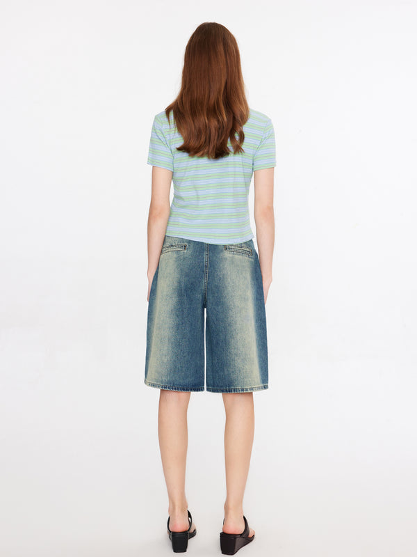 Cubic Striped Rib Knit T-Shirt Green