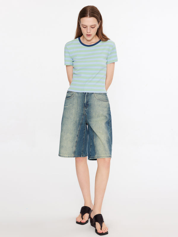 Cubic Striped Rib Knit T-Shirt Green