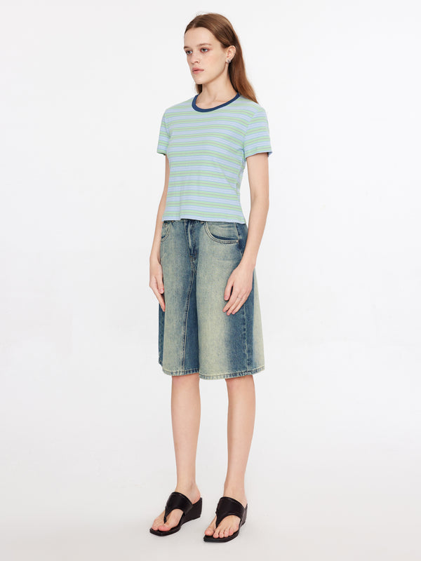 Cubic Striped Rib Knit T-Shirt Green