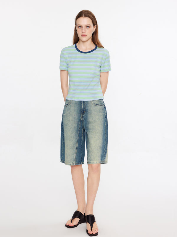 cubic Striped Rib Knit T-Shirt Green