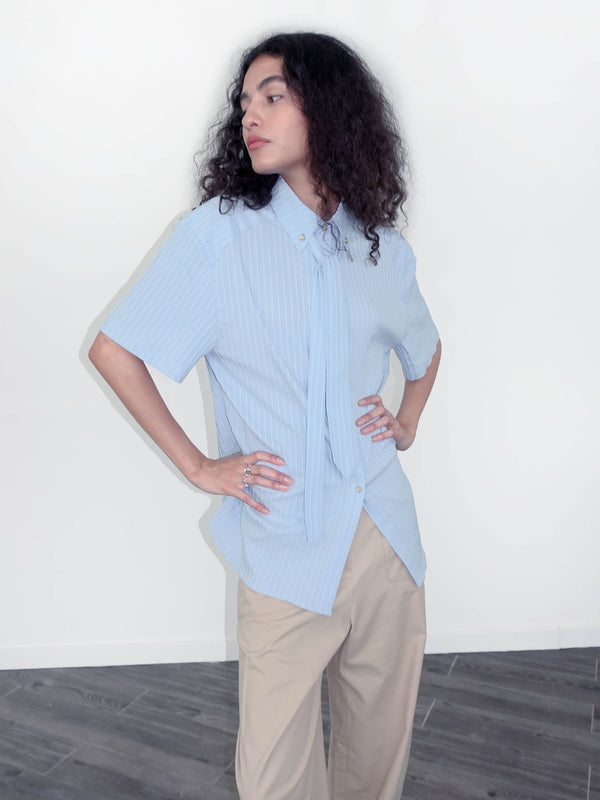 Cubic Striped Textured Loose T-Shirt Blue