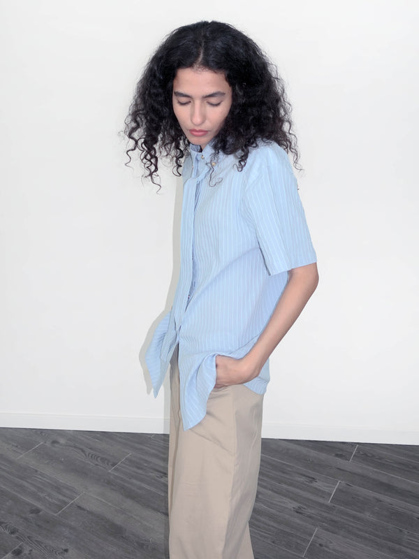 Cubic Striped Textured Loose T-Shirt Blue