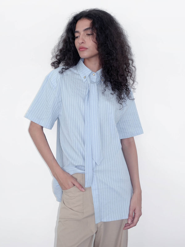 cubic Striped Textured Loose T-Shirt Blue