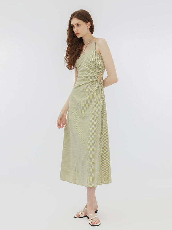 Cubic Striped Triple Strap Woven Midi Dress Green