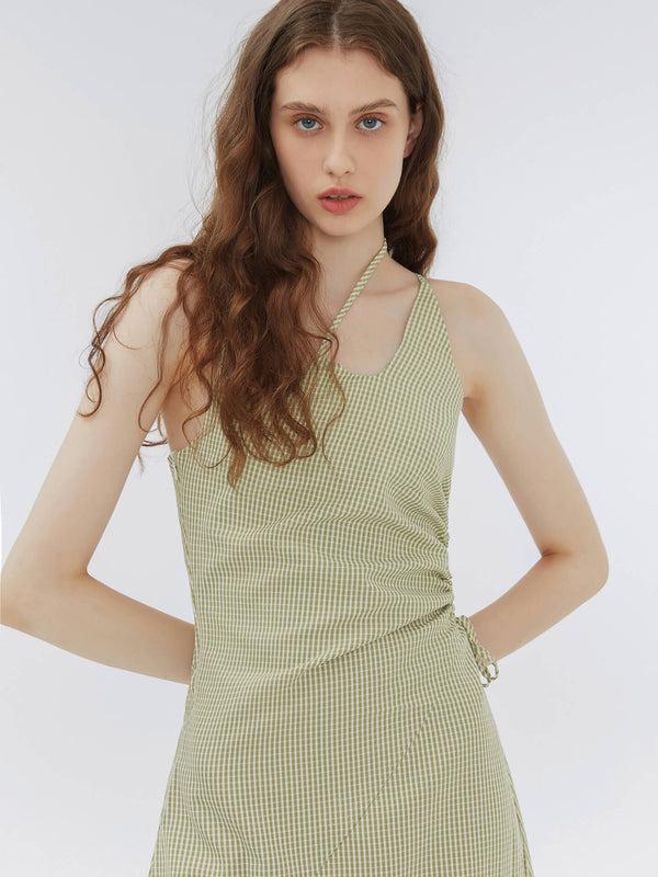 Cubic Striped Triple Strap Woven Midi Dress Green