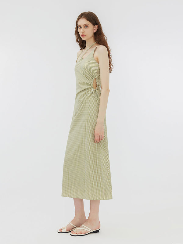 cubic Striped Triple Strap Woven Midi Dress Green